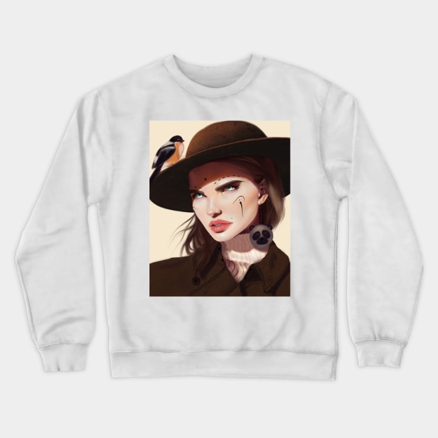 Woman with a bird on her hat Crewneck Sweatshirt by Fatchilart